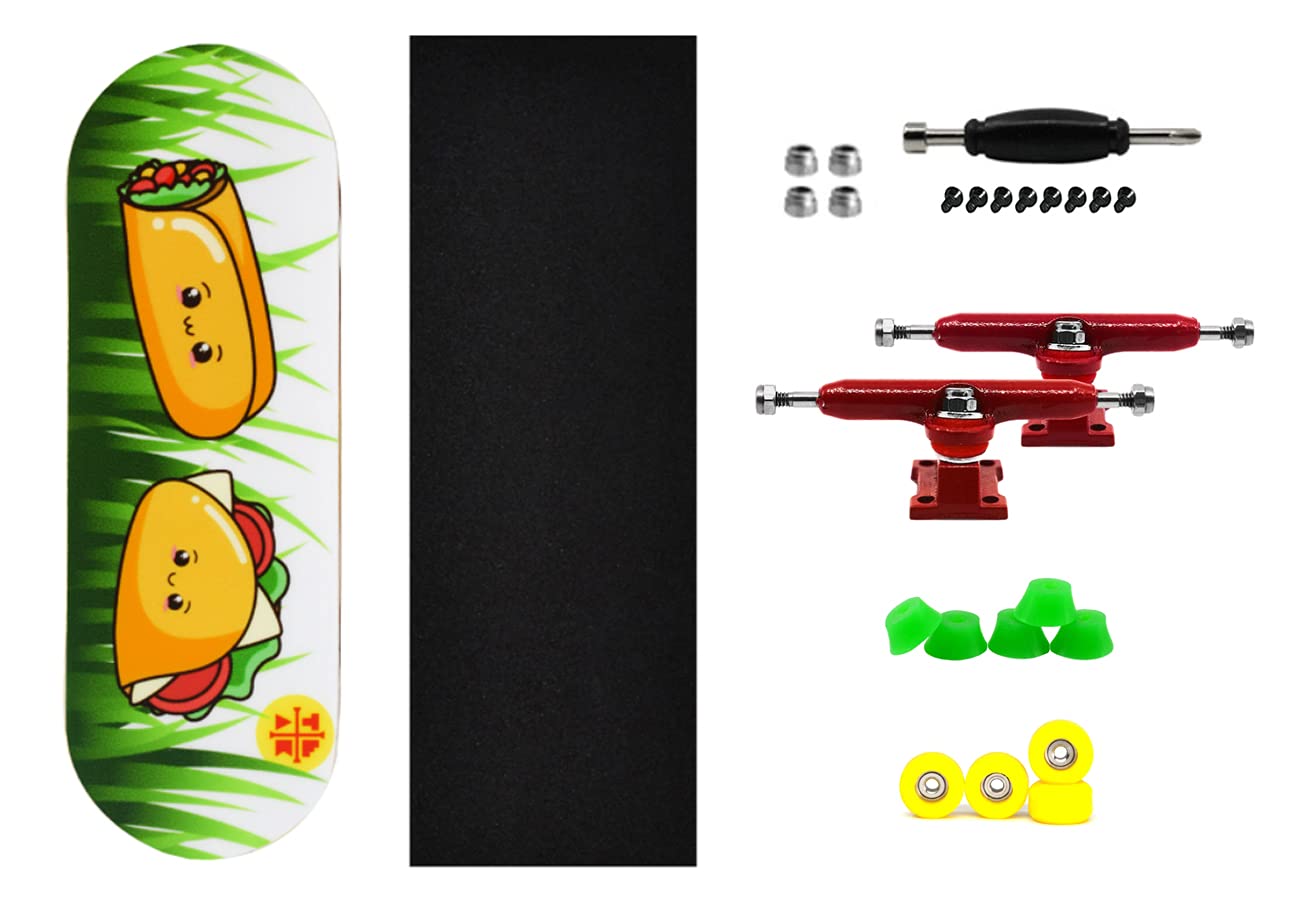 Teak Tuning 32mm Pro Fingerboard Heat Transfer Graphic Complete - Fully Assembled with Pro Level Parts - Pro Shaped Wood Deck (34x97mm), UltraSpin Wheels, Prodigy Trucks - Happy Tacos - Image 4