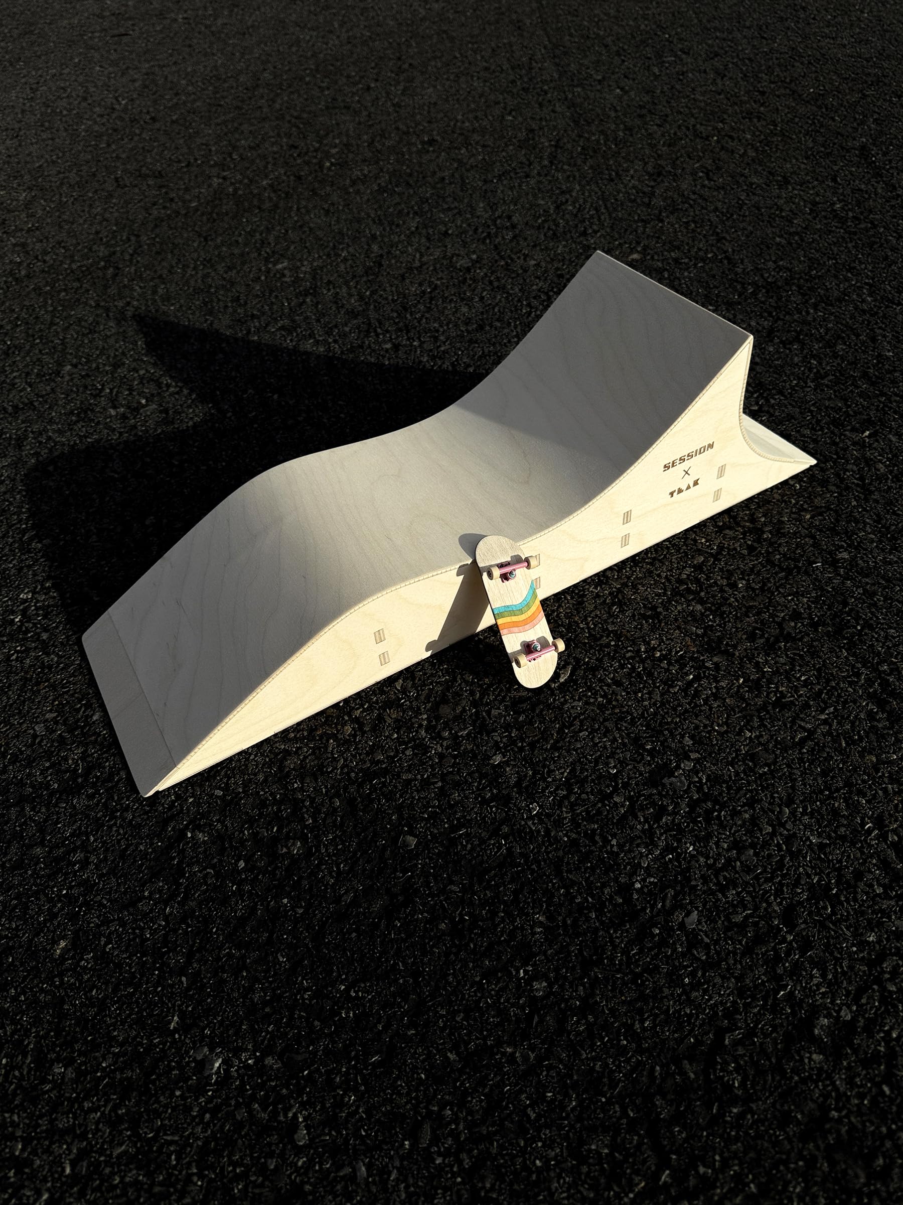 Teak Tuning x Session Fingerboard Quarter Pipe + Mellow Wave Ramp -The Shark - with Roller Coaster Ramp Section and Wall Ride - 20 inch Long - Hand Made in USA - Image 6
