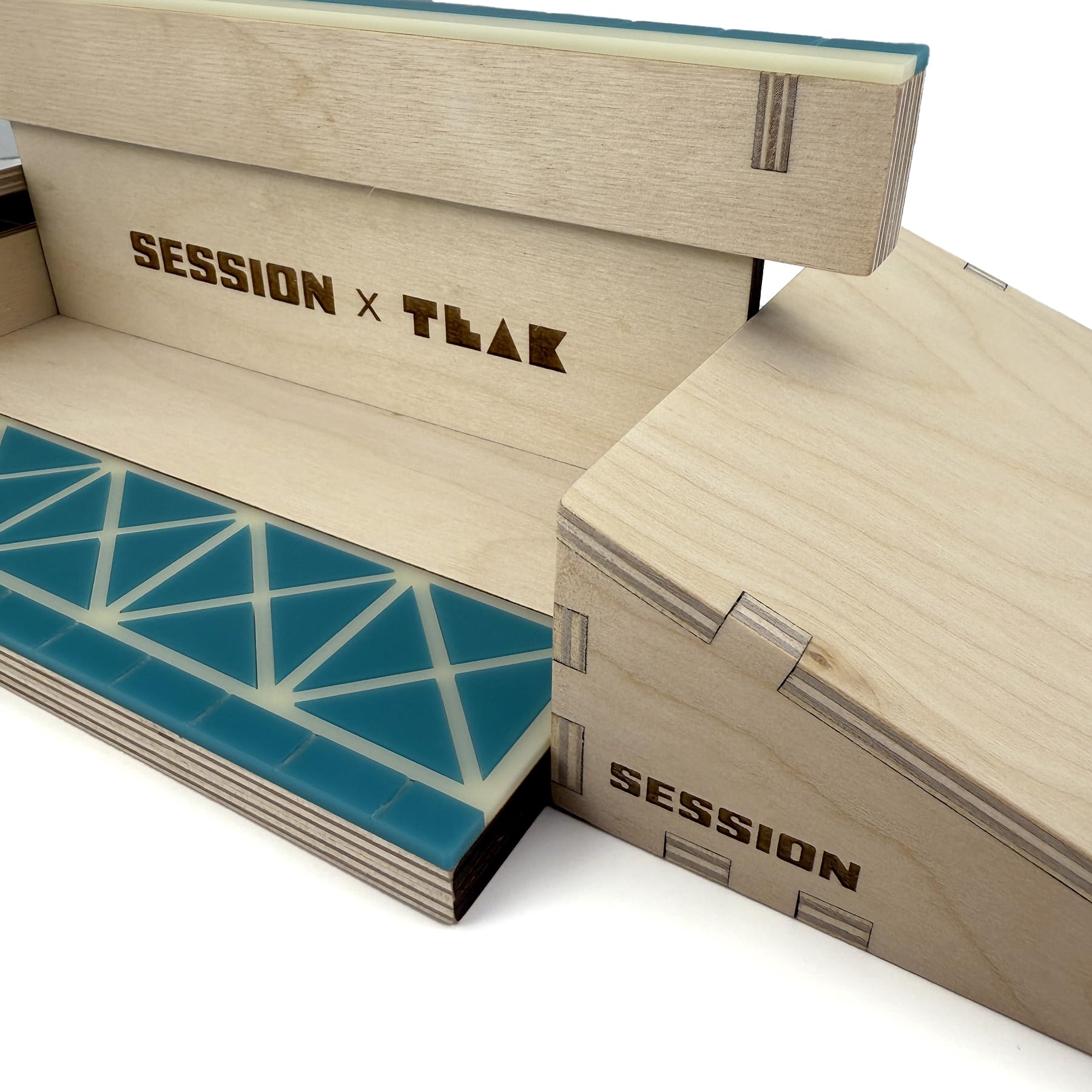 Teak Tuning x Session “The Junction” Modular Wooden Fingerboard Ramp - 20 Inches Long - 2 Plain Kickers + Triple-Sided Rail/Ledge Block – Hand Made in USA - Fingerboard Obstacle - Image 3