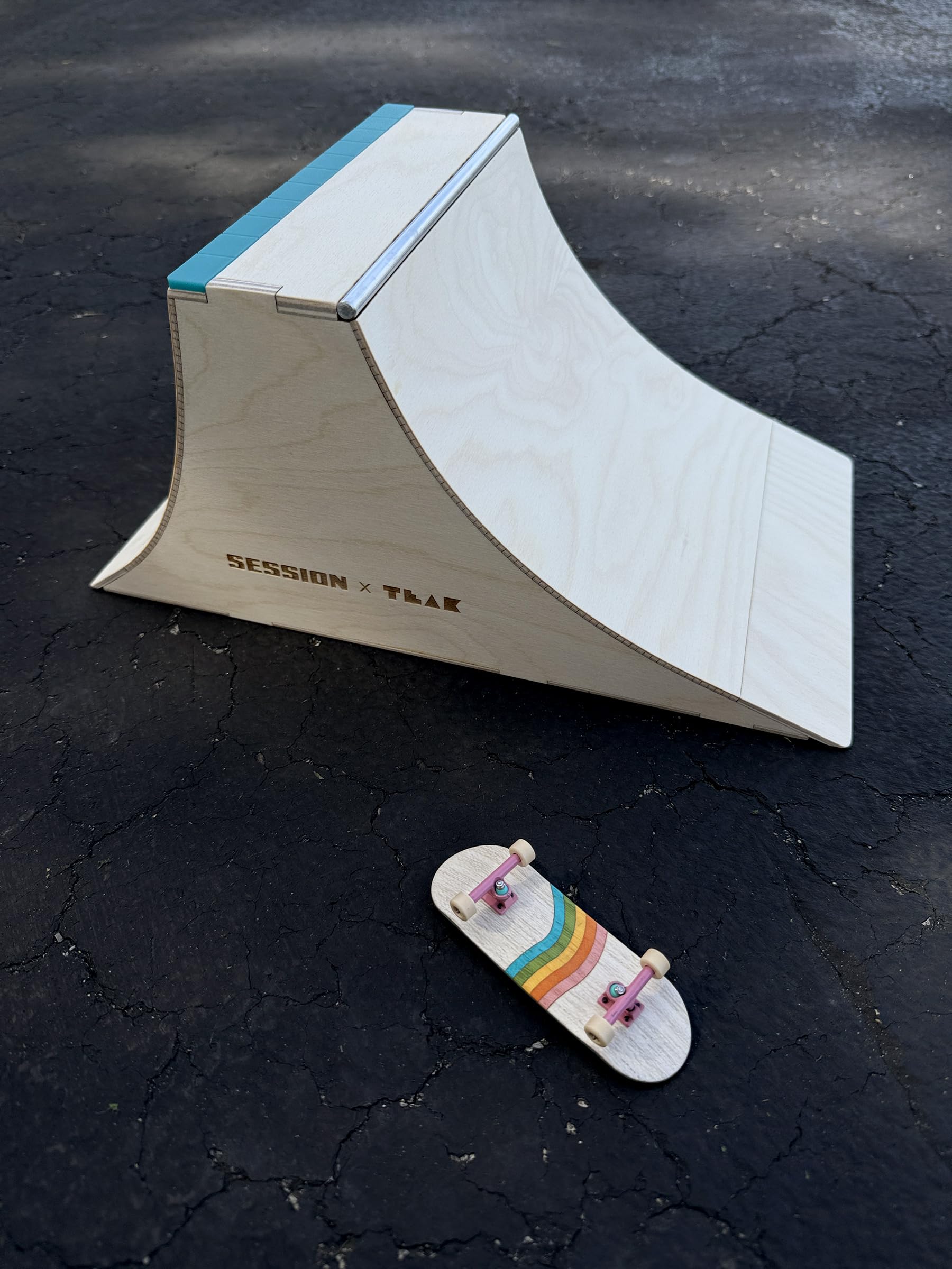 Teak Tuning x Session The Wall XL Double Quarter Pipe with Wall Ride, Fingerboard Obstacle Made of Baltic Birch Wood, Aluminum Coping, Custom Matte Acrylic, Teal, 12.75 x 7.88 x 6 inches - Image 4